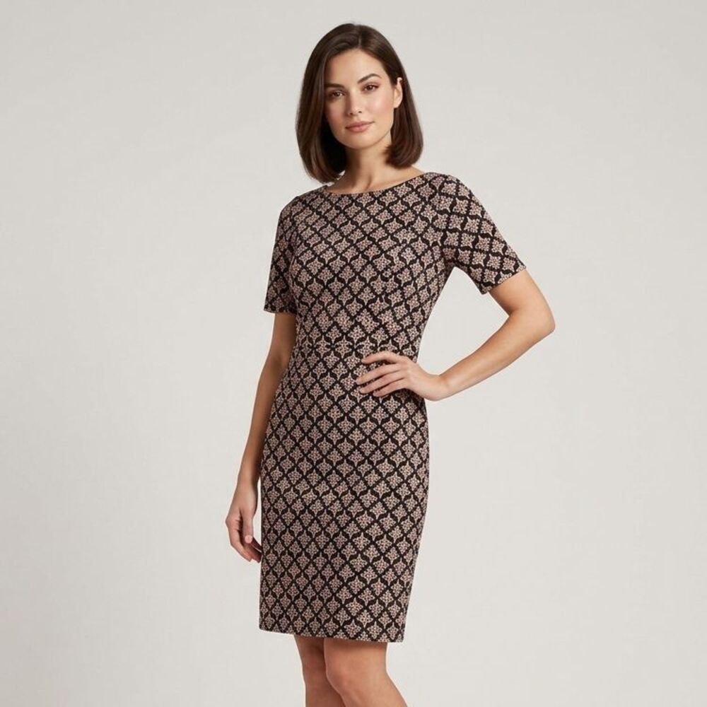 Boden Talia Dress Midi Sheath 4R Short Sleeve Black Print Classic Sheath